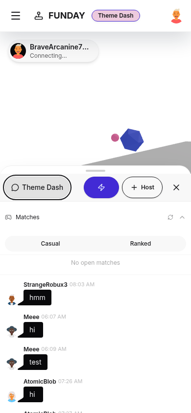 Theme Dash production mobile shell with the bottom-sheet lobby open